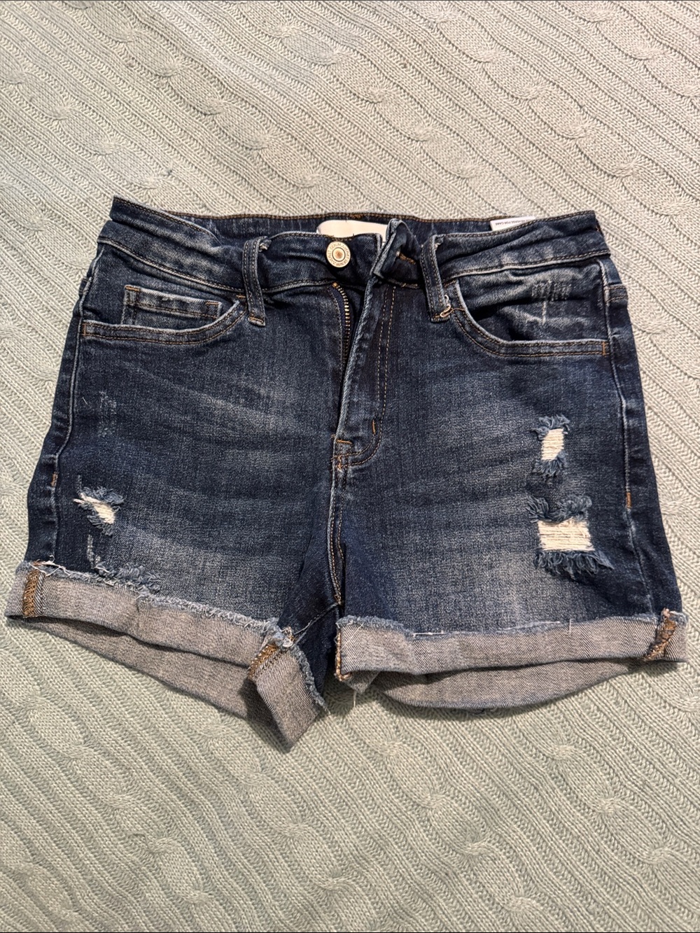 Women's Dark Blue Distressed Rolled-Hem Denim Shorts